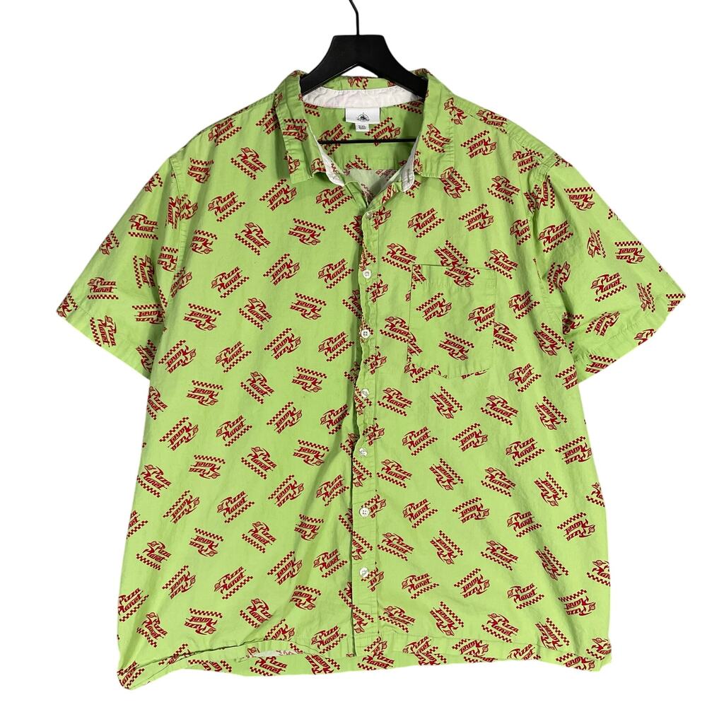 Disney Lime Green Short Sleeve Button-Down Shirt with Red Logo Print